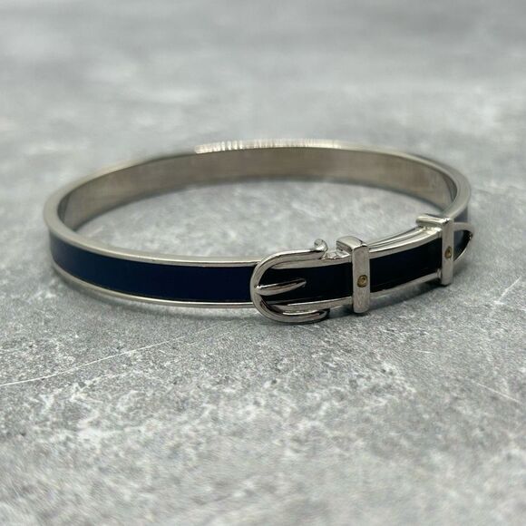 Authentic Hermes dark blue Silver Enamel Buckle Bangle Bracelet Quiet Luxury - Picture 1 of 9